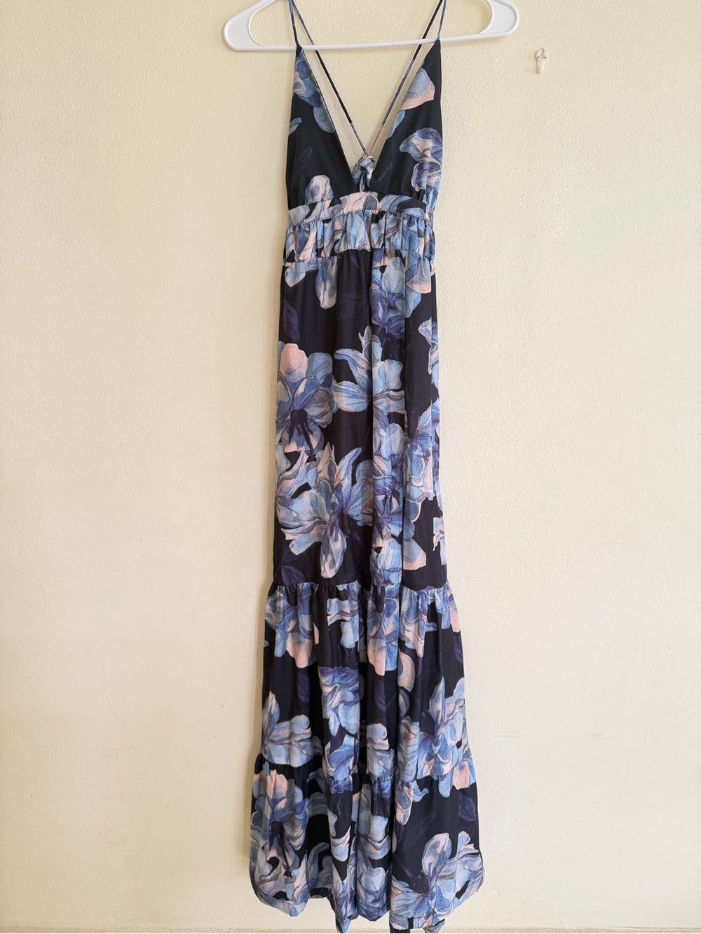 Navy Floral V-Neck Maxi Dress with Light Blue Blooms